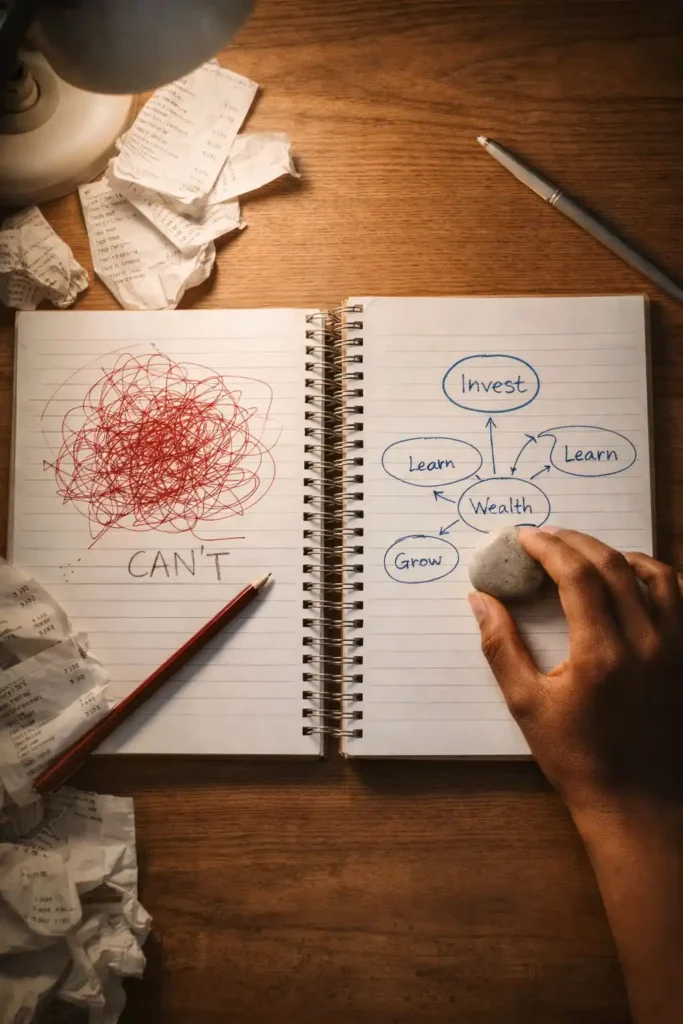 Top-down view of two notebooks showing chaotic red scribbles labeled canβt and a structured blue mind map about investing and growth, symbolizing scarcity mindset vs abundance mindset transformation