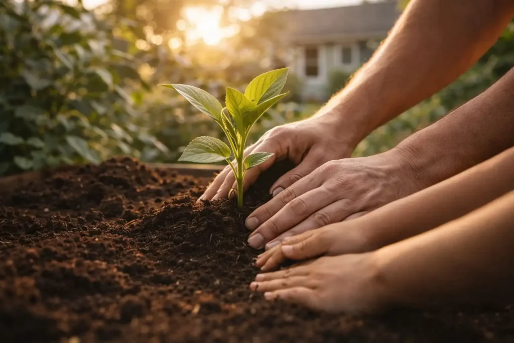 Adult and child planting a seedling together in a garden symbolizing Scarcity mindset vs Abundance mindset and the power of long-term financial growth.