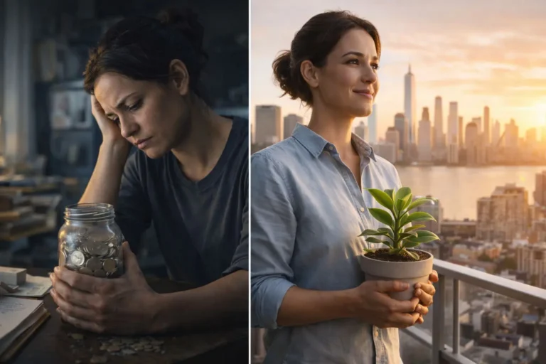 Cinematic split image of a woman in a dark room worrying over coins contrasted with the same woman confidently holding a green plant on a sunny balcony, illustrating scarcity mindset vs abundance mindset