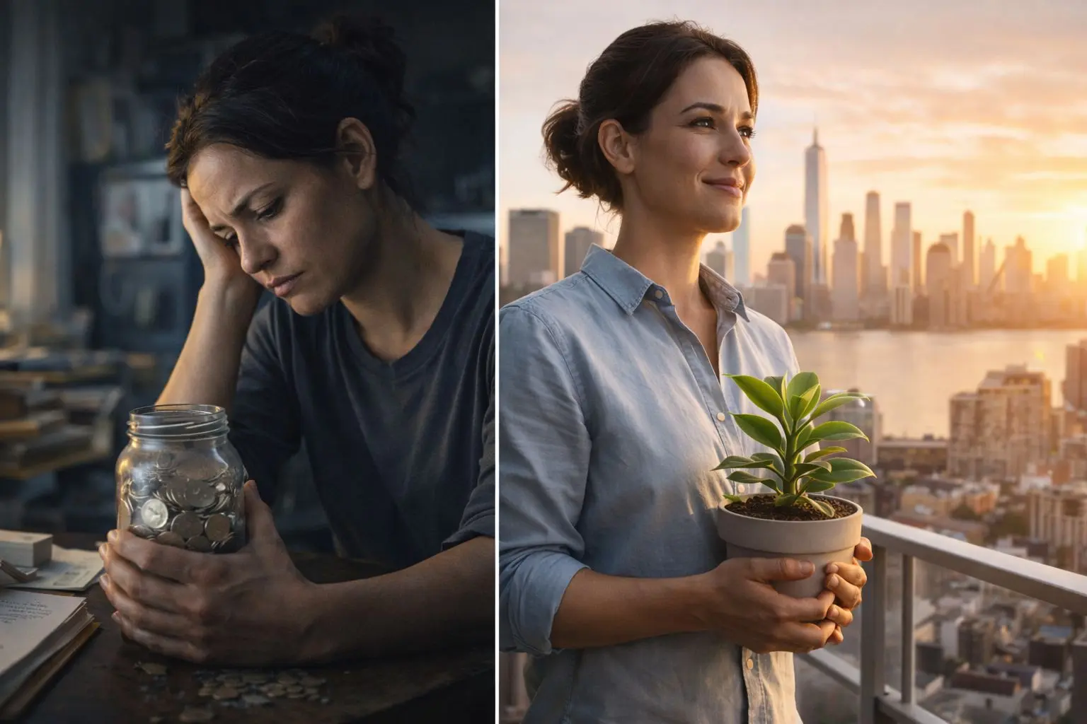 Cinematic split image of a woman in a dark room worrying over coins contrasted with the same woman confidently holding a green plant on a sunny balcony, illustrating scarcity mindset vs abundance mindset