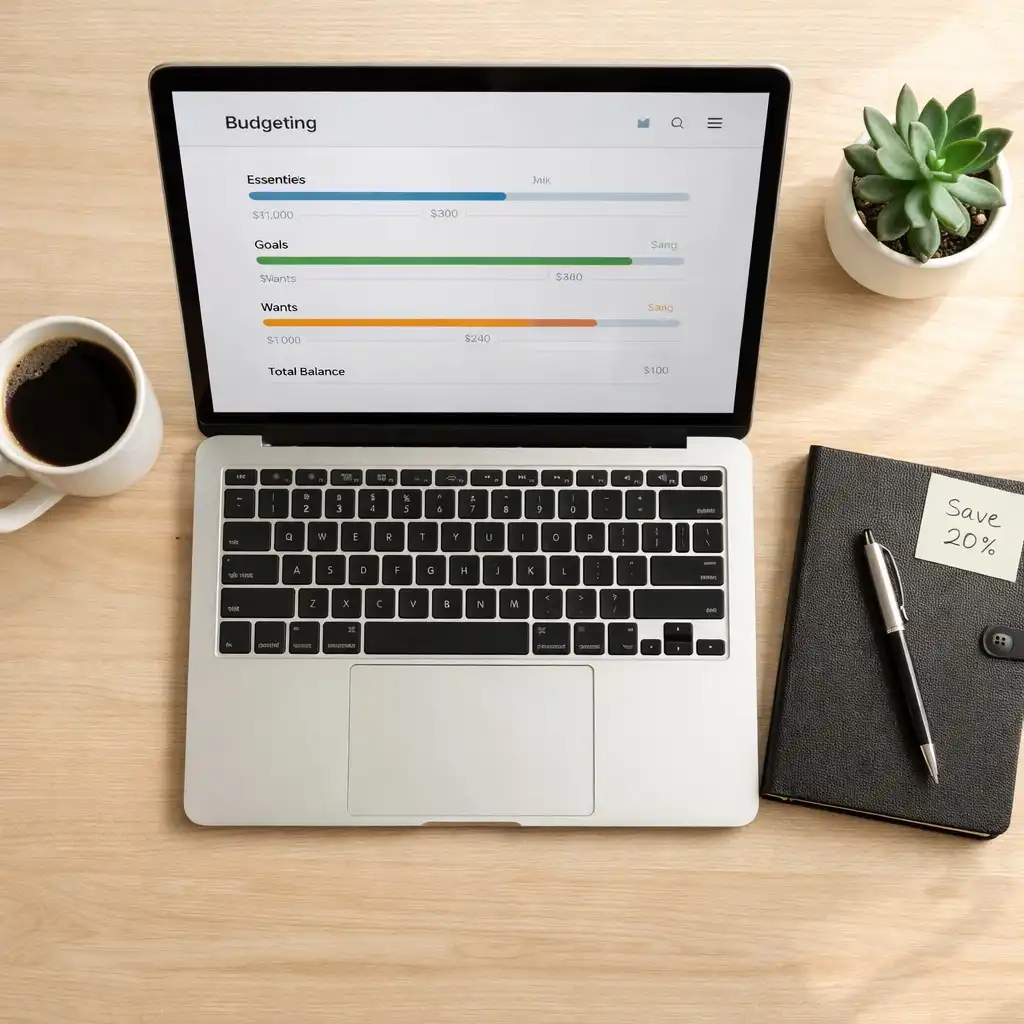 Top-down view of organized college desk with budgeting app open on laptop, showing student iq for money and smart savings habits