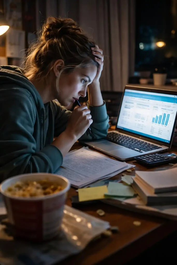College student reviewing finances late at night on laptop, building student iq for money while managing student loans and budgeting