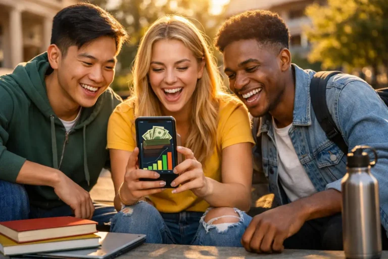 Diverse college students reviewing a financial app showing growth chart on campus, representing student iq for money and smart investing habits