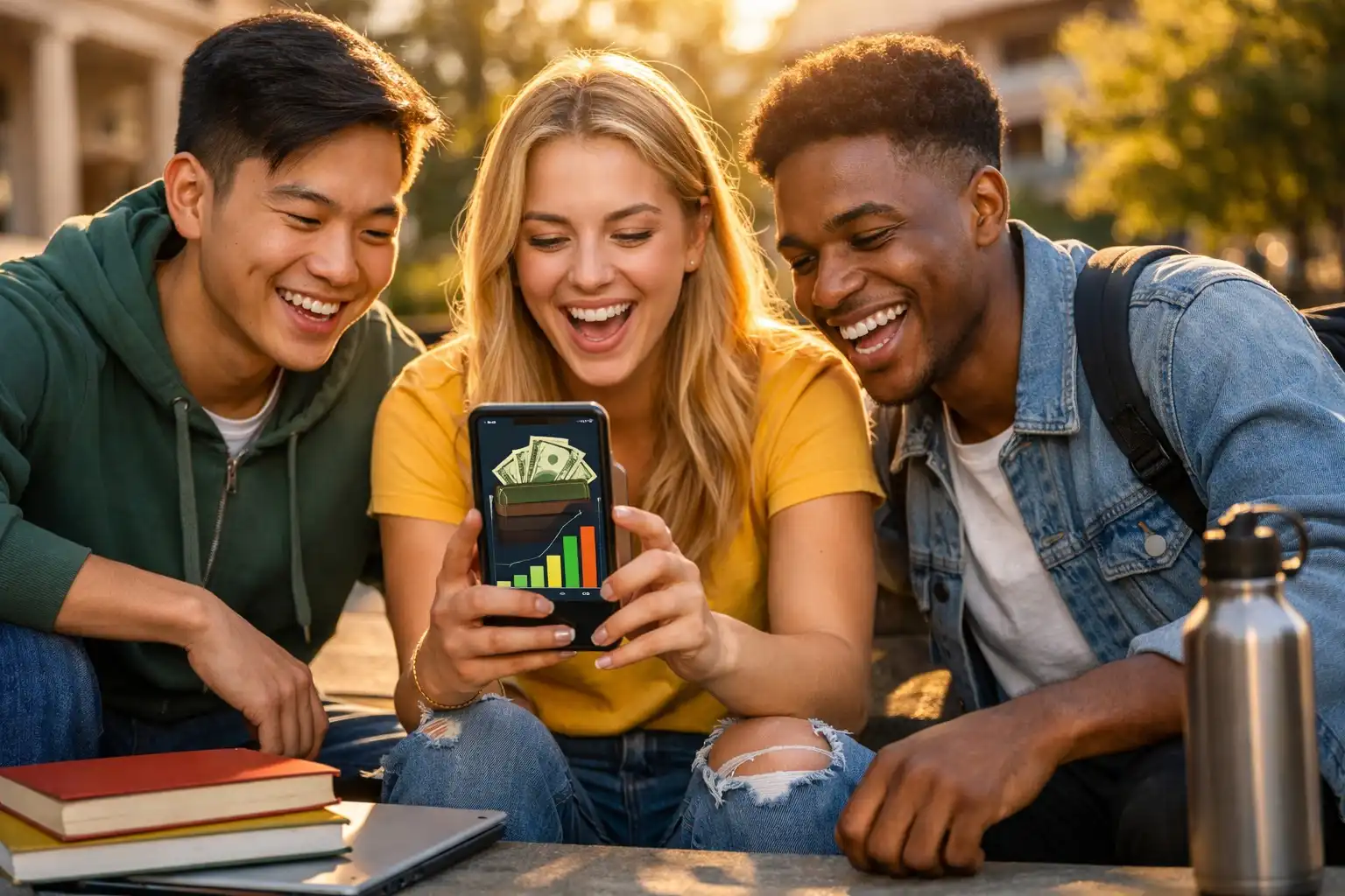 Diverse college students reviewing a financial app showing growth chart on campus, representing student iq for money and smart investing habits