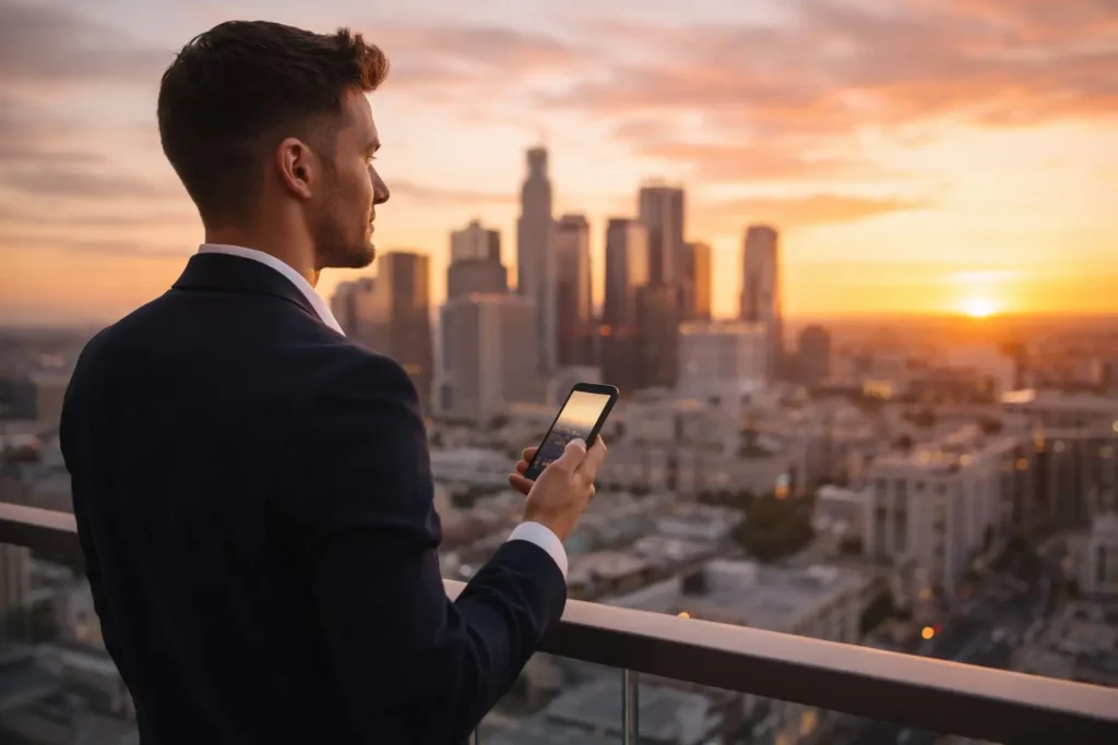 Young professional overlooking city skyline at sunset while checking investments on smartphone, representing student IQ for money and financial success.