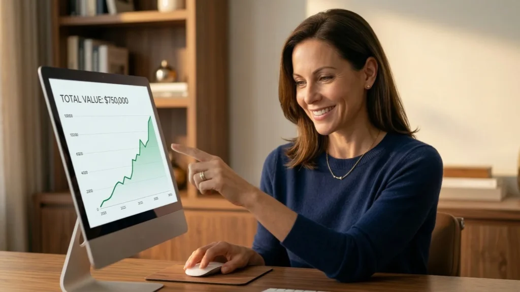 A smiling, empowered woman viewing her growing wealth chart on a tablet, symbolizing the success found by using an advanced SIP calculator.