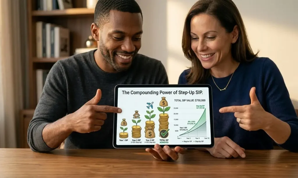 A close-up horizontal photograph of a couple excitedly discussing a powerful infographic on their tablet that compares Regular SIP vs. Step-Up SIP Calculator returns.