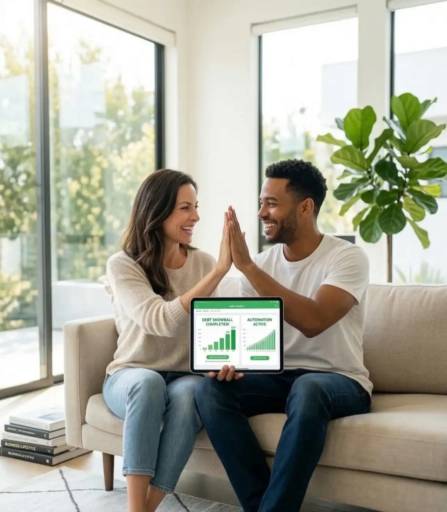 Young couple high-fiving while reviewing their automated budget on a tablet, demonstrating the relief of a strong Financial IQ.
