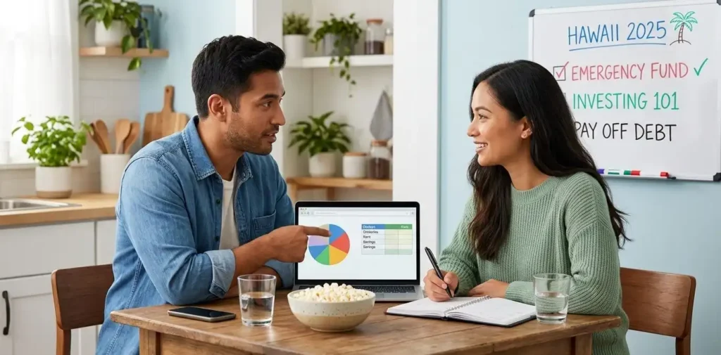 A couple sitting at a kitchen table collaborating on a budget, illustrating the productive environment needed when discussing important financial questions to ask with partner.