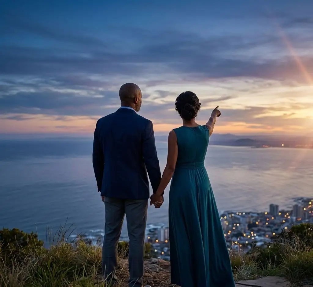 A cinematic shot from behind of a couple holding hands on a hilltop overlooking a city at dusk, symbolizing the security that comes from answering long-term financial questions to ask with partner.