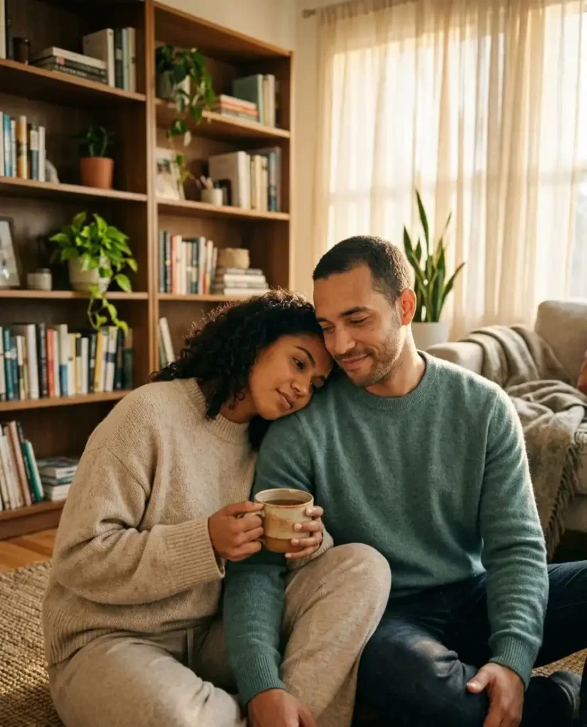 A diverse couple sitting on a cozy living room floor holding tea, representing the safe and trusting environment needed for discussing important financial questions to ask with partner.