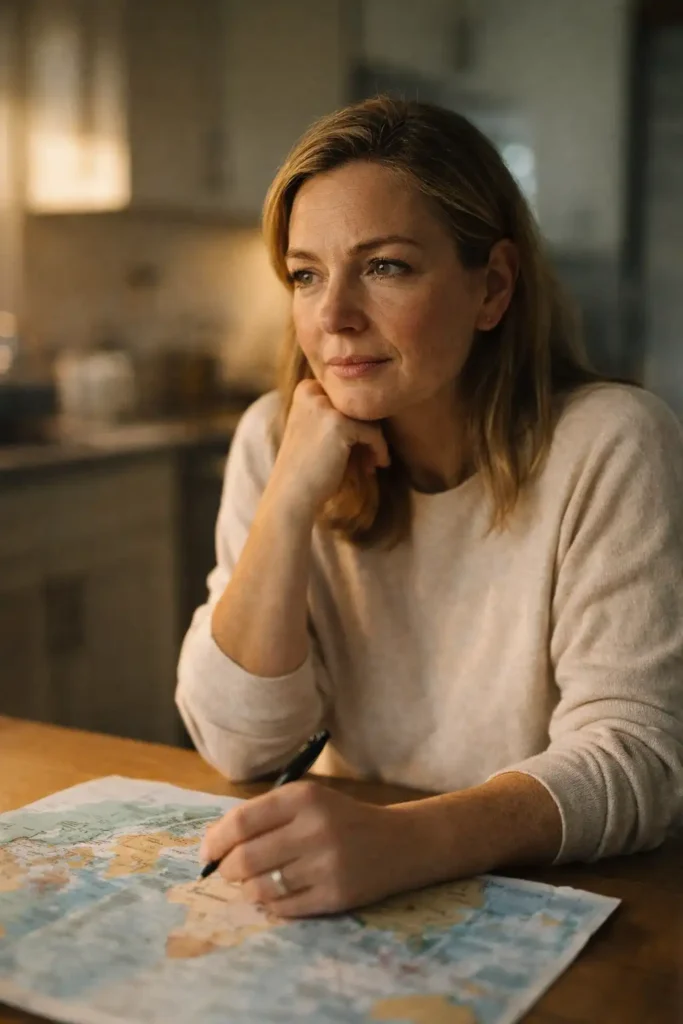 Middle-aged American woman studying a world map and taking notes, reflecting on financial IQ by country and how global money habits impact her future.