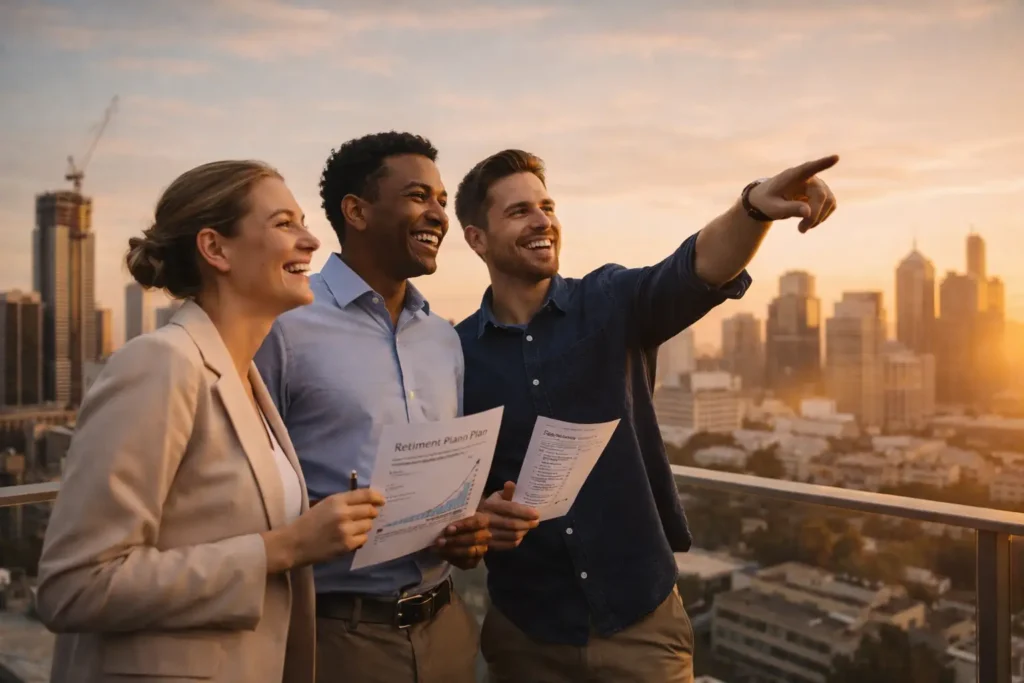 Three young professionals standing confidently on a rooftop at sunset holding financial documents, symbolizing improving financial IQ by country standards through smart money habits.