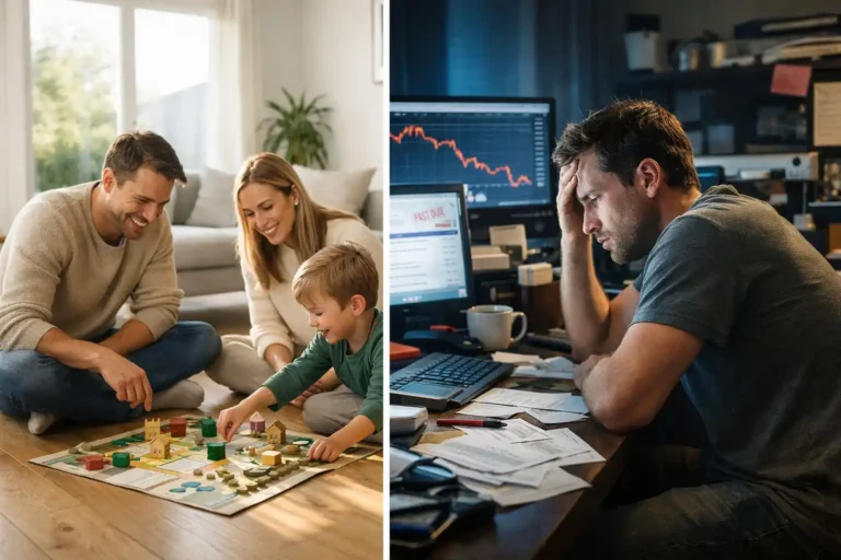 Split-screen image showing a Scandinavian family playing a financial education board game contrasted with a stressed American man analyzing stock charts, illustrating financial IQ by country differences.