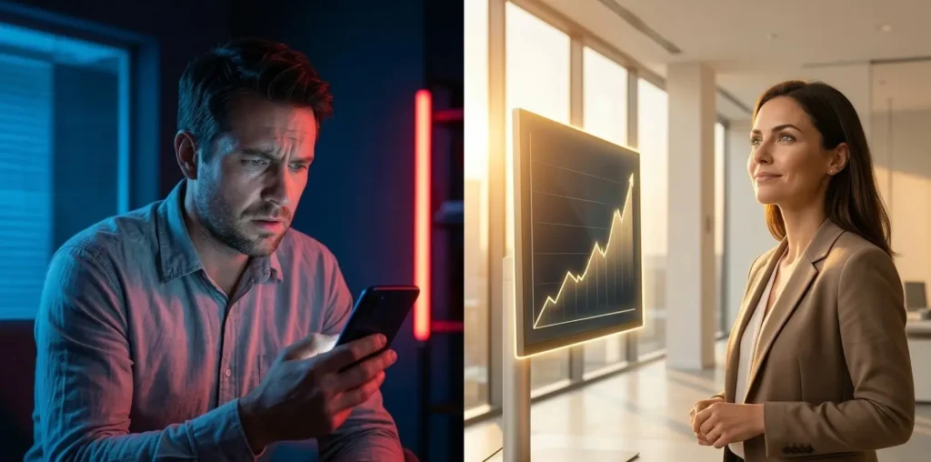 A split screen comparing an anxious professional with a confident investor, illustrating the psychological balance required for a high Financial IQ.
