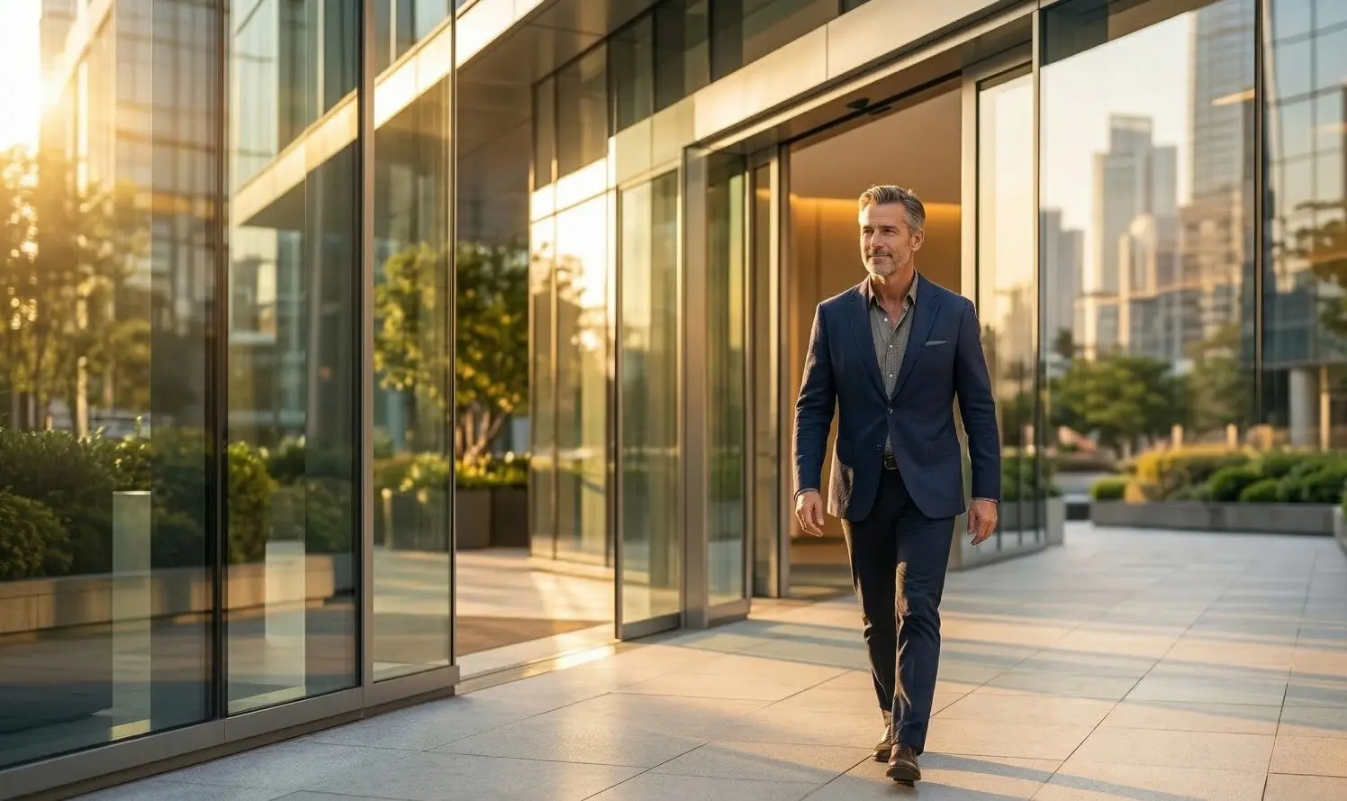Confident man walking out of a modern building in the sunlight, enjoying the long-term wealth and security generated by a high Financial IQ.