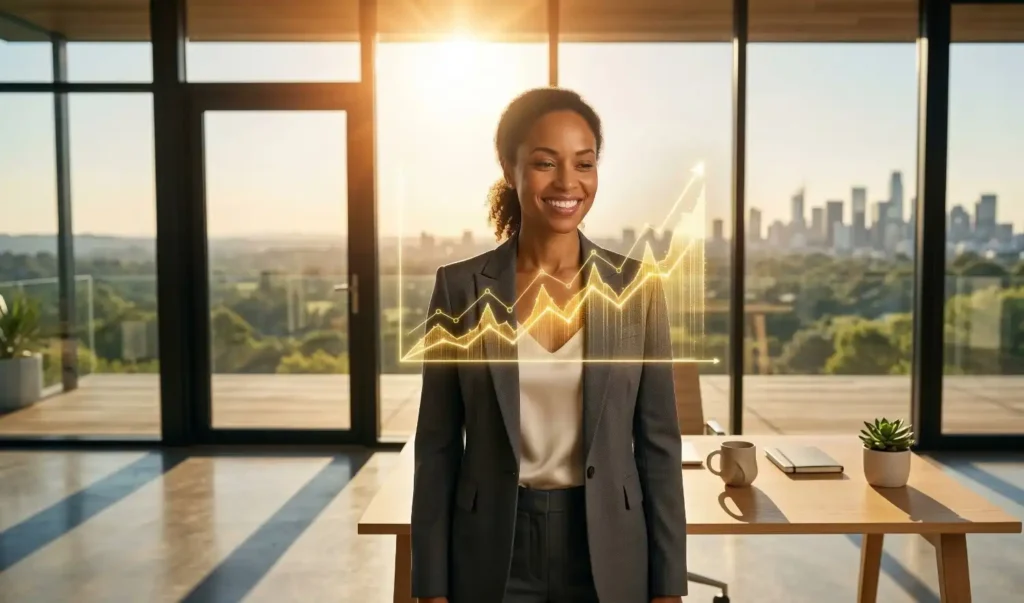 A successful professional smiling confidently at an upward-trending wealth chart, representing the abundance achieved through a high Financial IQ.