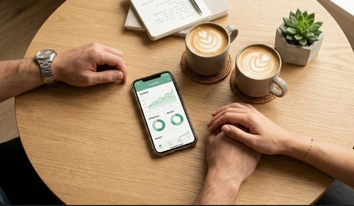 A couple holding hands while reviewing budgeting graphs on a smartphone app over coffee, illustrating the importance of discussing financial questions to ask with partner.