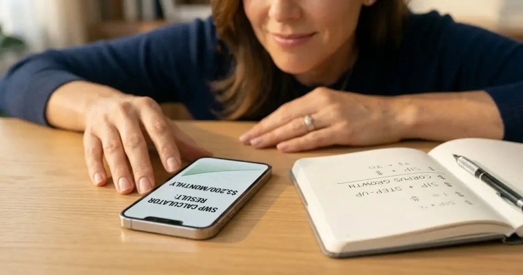 Close-up of hands and smartphone showing precise SWP calculator monthly withdrawal result, financial planning concept.