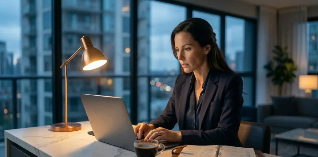 Focused female executive working late on her laptop, analyzing her financial operating system to improve her Financial IQ.