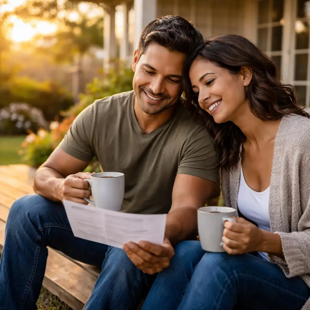 Couple reviewing finances peacefully at home representing the balance of high income skill vs high money skill and the lifestyle of financial freedom