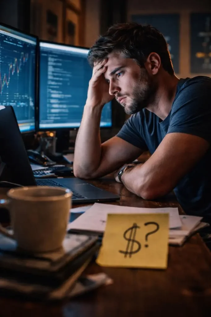 Tired professional working late on multiple monitors illustrating the hustle trap in income skills vs money skills and the struggle of earning well but feeling broke