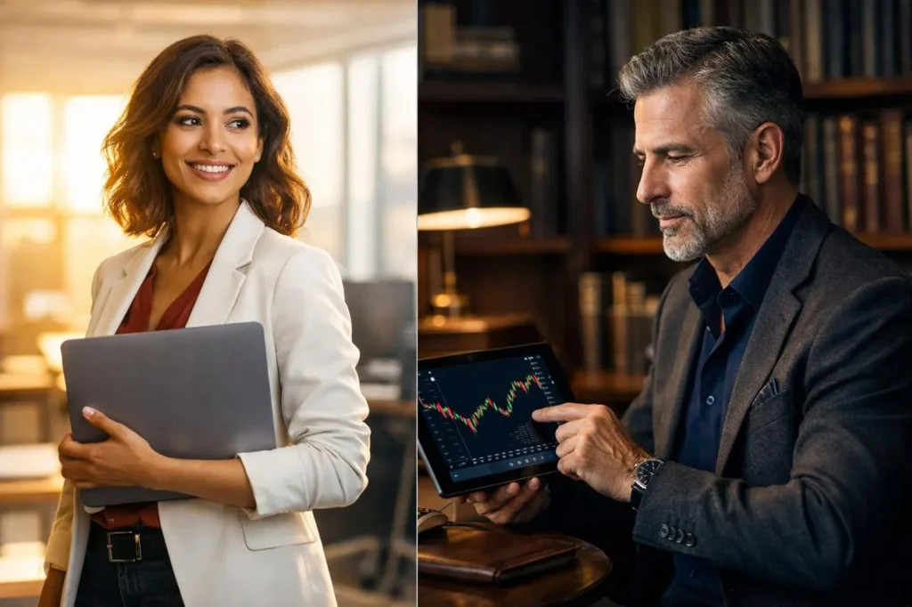 income skills vs money skills concept showing a professional woman earning income and a mature investor analyzing wealth building strategies.