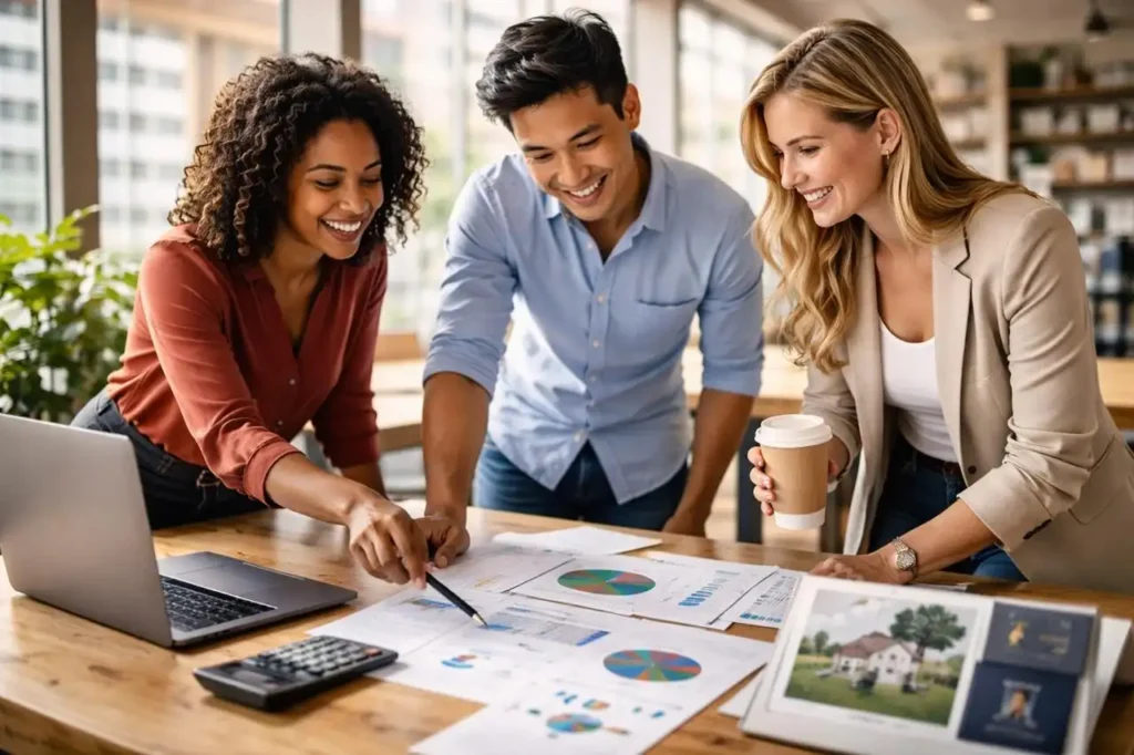 Professionals collaborating on financial charts showing the balance between income skills vs money skills for building long term wealth