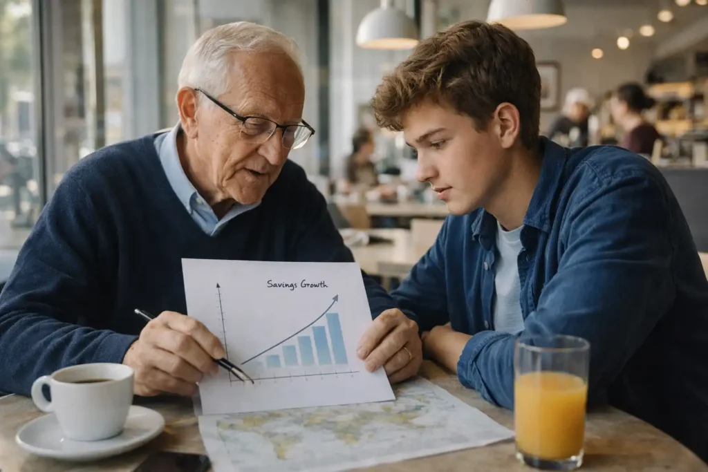 Elderly man teaching his grandson about compound interest in a modern European cafe, representing highest financial IQ by country and generational wealth habits.