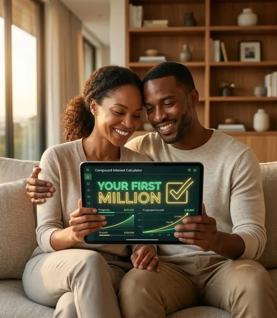 A diverse couple planning their retirement together and smiling while using a Compound Interest Calculator on a tablet.