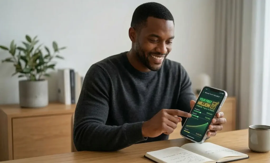 Candid photograph of a focused person calmly adjusting a slider on their smartphone while using the introduction section of the Mutual Fund Calculator on The Fit Finance website.