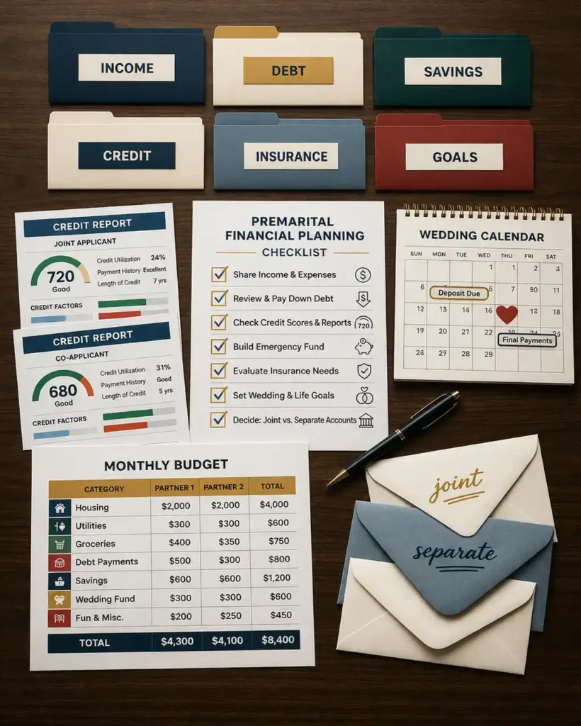 Premarital financial planning checklist with debt, savings, credit, and budget folders on a desk