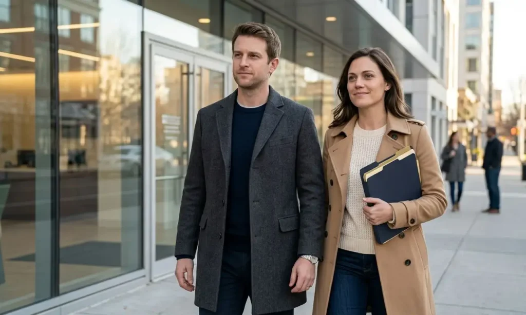 Premarital financial planning couple leaving a financial office with confidence and organized documents