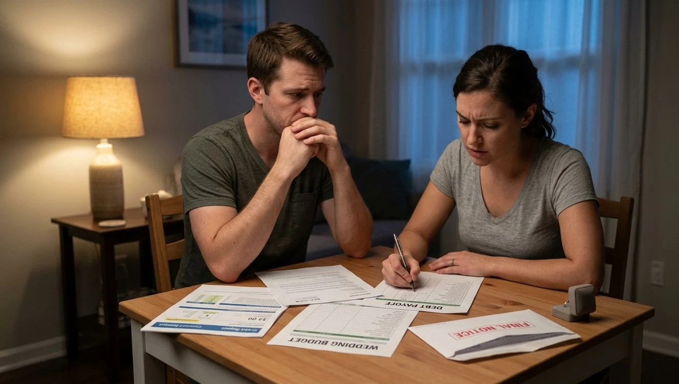 Premarital financial planning scene showing an engaged couple reviewing debt, budget, and wedding documents at home