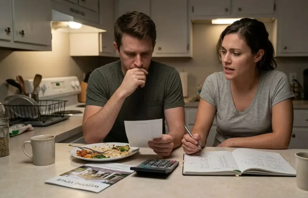 Premarital financial planning money talk between an engaged couple in a real kitchen at night
