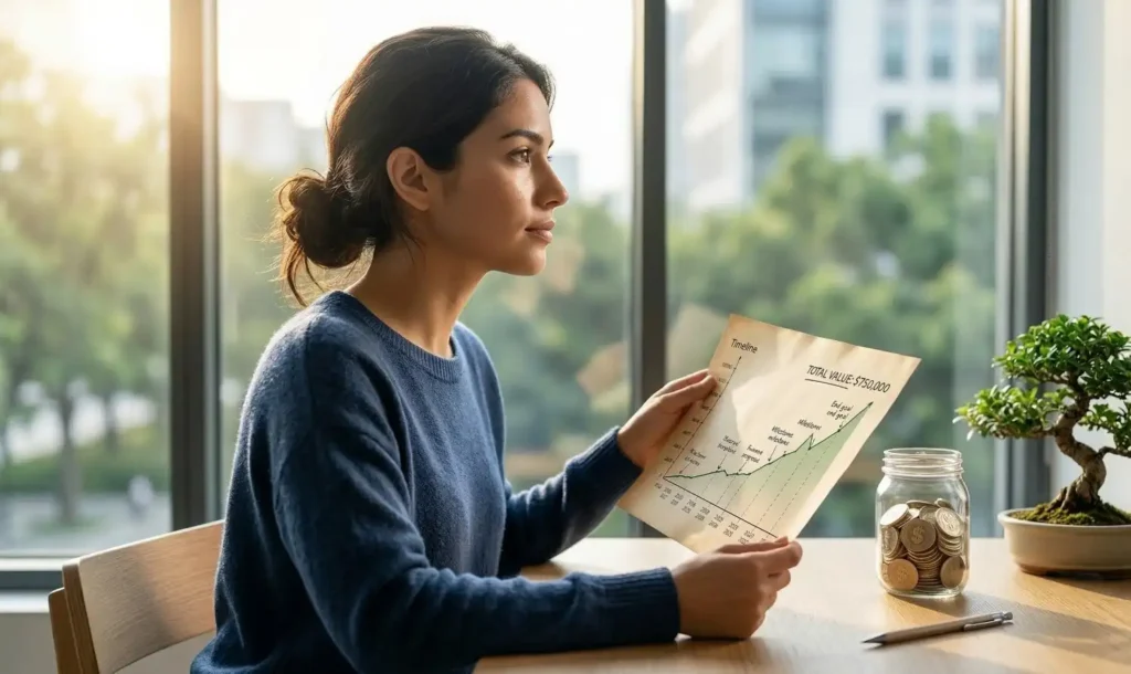 Young professional woman evaluating her financial timeline and wealth growth projections using a retirement calculator.