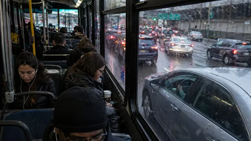 Daily commute with traffic and bus passengers, showing the stress and cost of car dependency