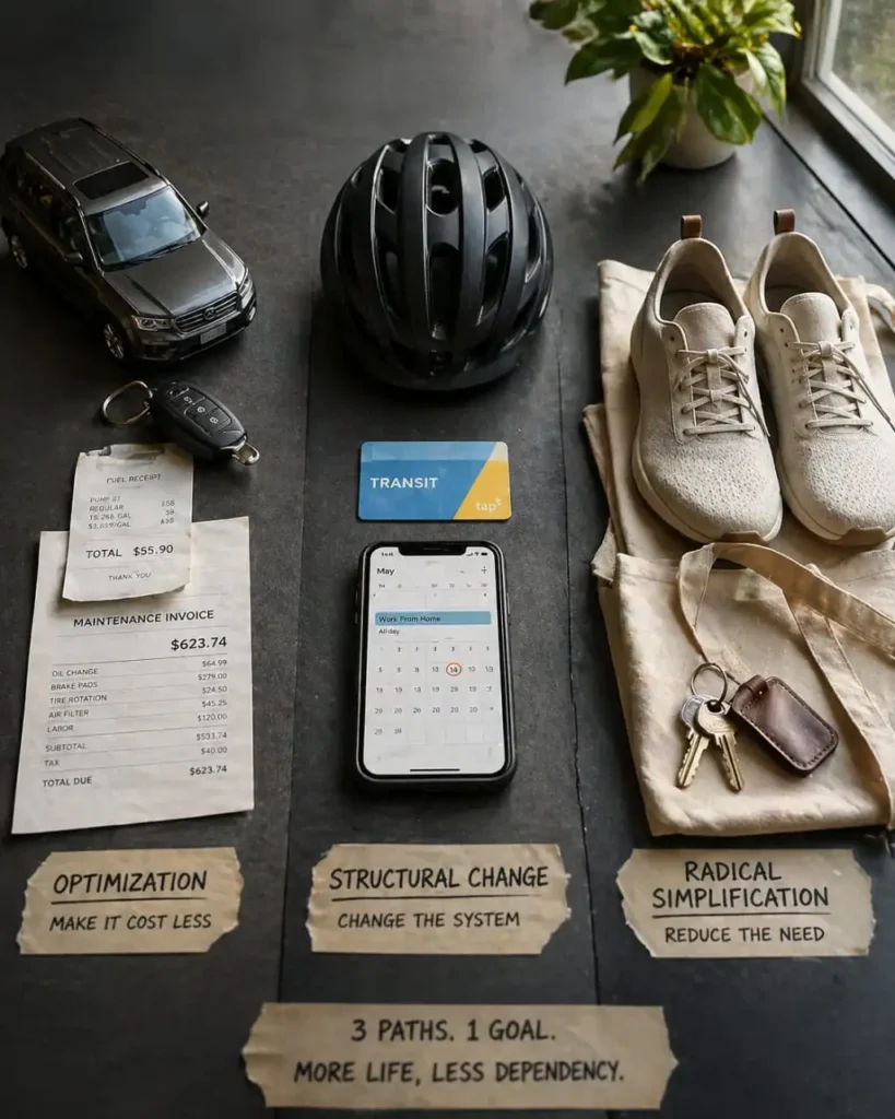 Flat lay of car keys, transit card, bicycle helmet, and walking shoes representing ways to reduce car dependency