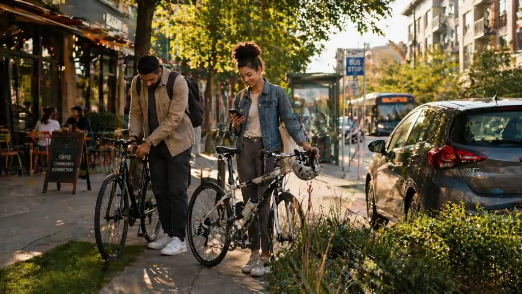 Relaxed couple with bikes and a parked car in a walkable neighborhood, showing the benefits of a car-light life