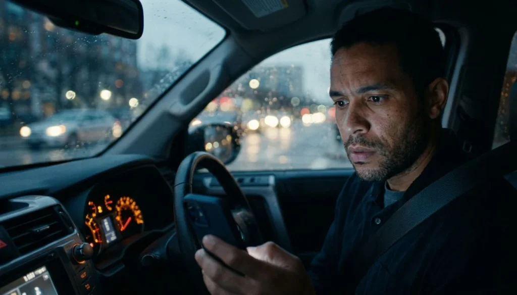 A man looking shocked at his phone inside a car, symbolizing the high Car Ownership Cost Calculator.