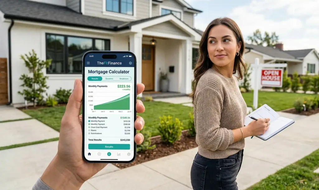 A determined woman stands outside an open-house listing, using a mortgage calculator on her mobile phone to verify her budget suitability before viewing the property.