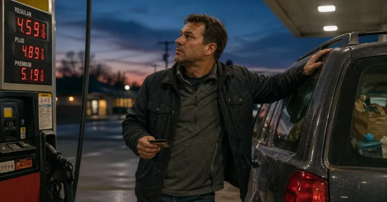American commuter staring at rising gas prices beside an SUV, illustrating high gas prices and car dependency