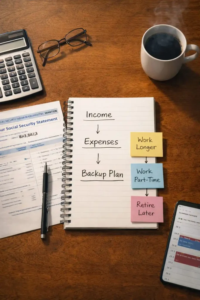Desk setup with retirement planner, calculator, and backup income and work forever checklist