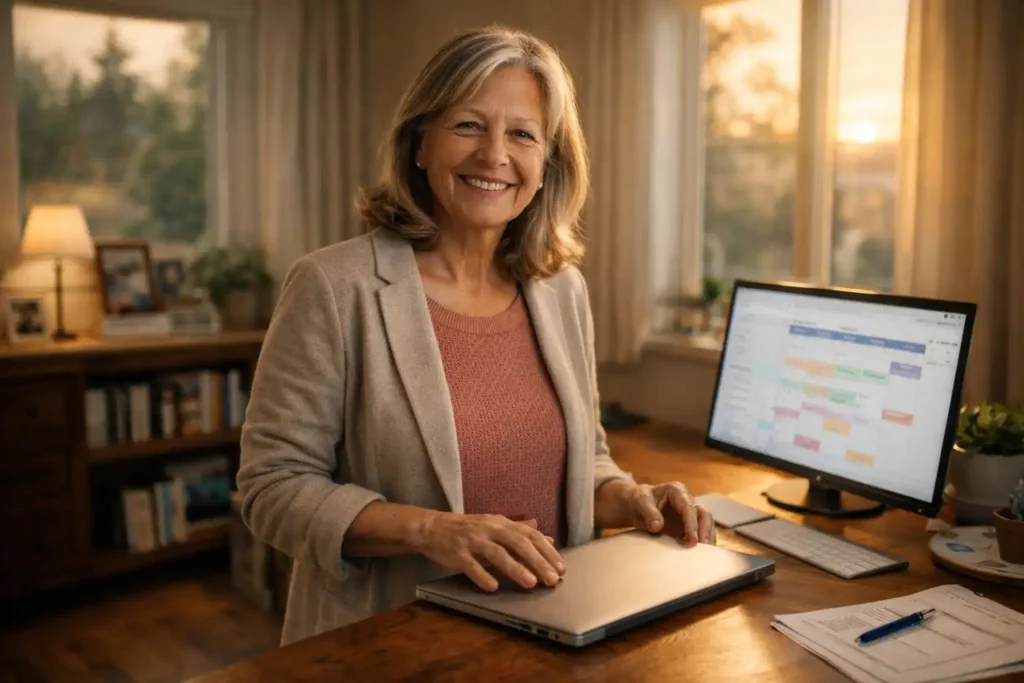 Confident older woman working flexibly from a sunlit home office. That means Work Forever whether by plan or by surprise – you can still win.