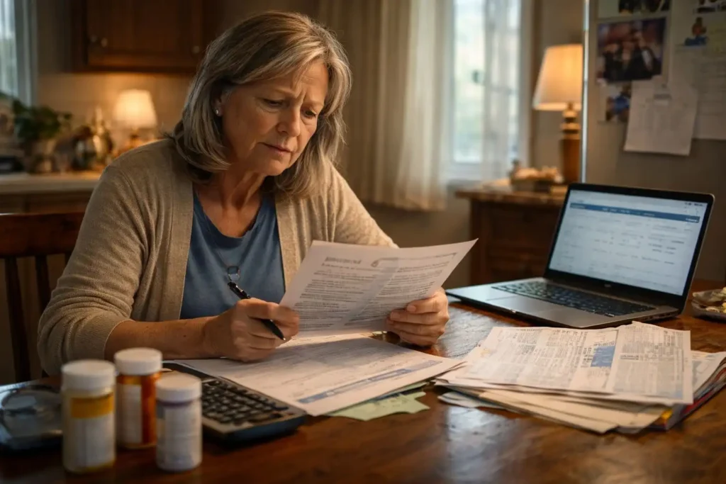 Woman reviewing retirement paperwork at a dining table surrounded by bills and budget documents