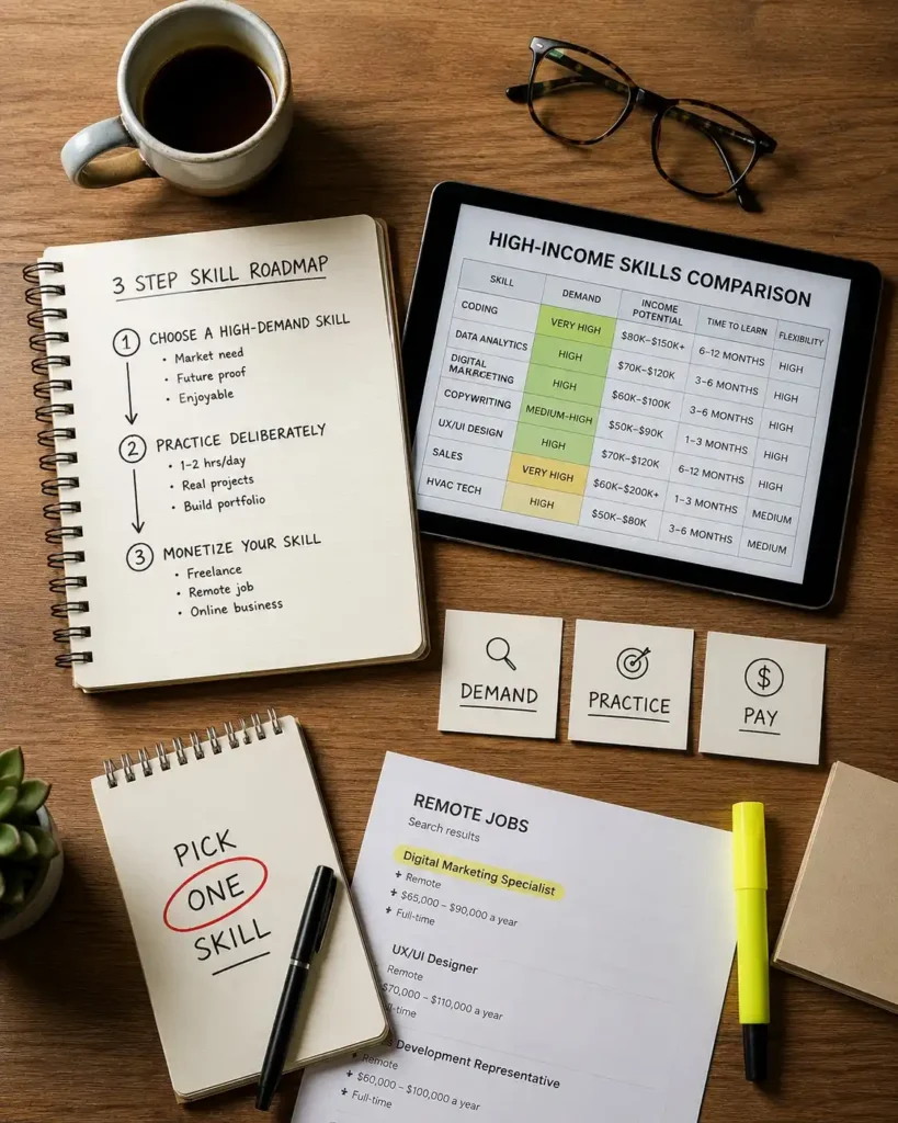 A skill roadmap showing how to choose what skills to learn to make money using demand, practice, and pay.