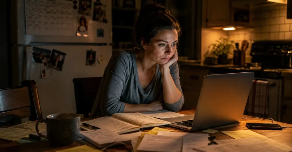 A woman reviewing what skills to learn to make money while sitting at a kitchen table with bills and a notebook.