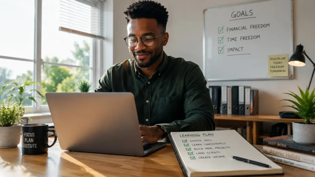 A confident person working at home after learning what skills to learn to make money.