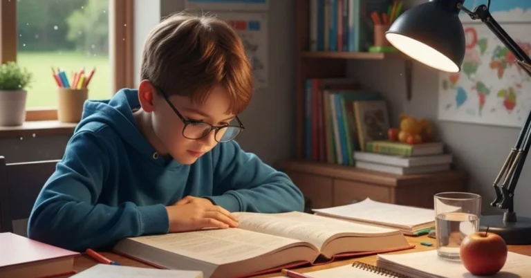 A young boy reviewing what skills to learn to make money while sitting at a study table with books and a notebook.