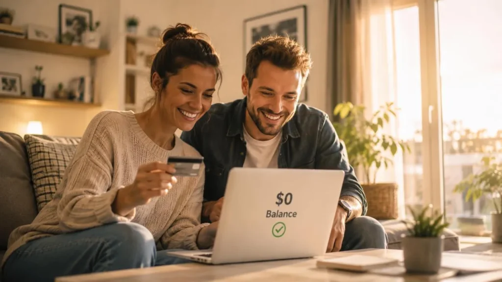 couple feeling relief after paying off debt using credit cards for managing debt